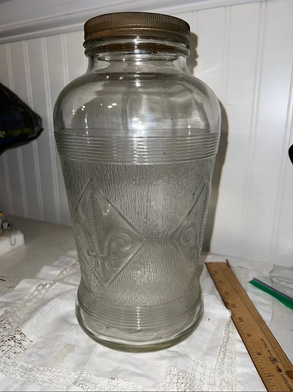 Antique Fleur de lis large ribbed glass jar 12”